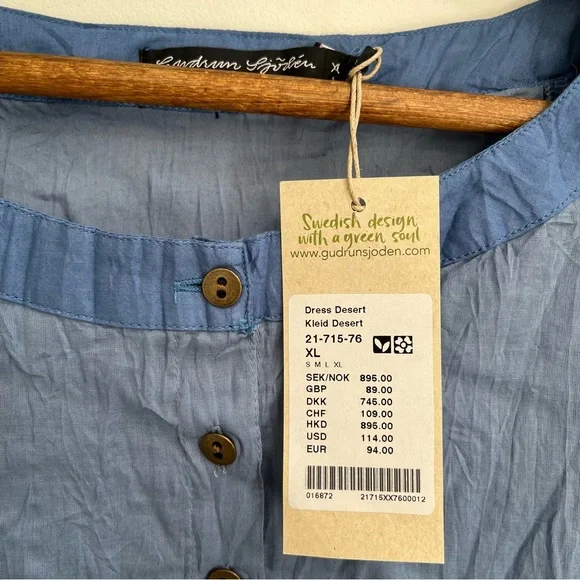 Gudrun Sjõdén 100% Cotton Green Blue Kaftan-Style ¾-Sleeve Maxi Crinkle Dress XL - Picture 9 of 12